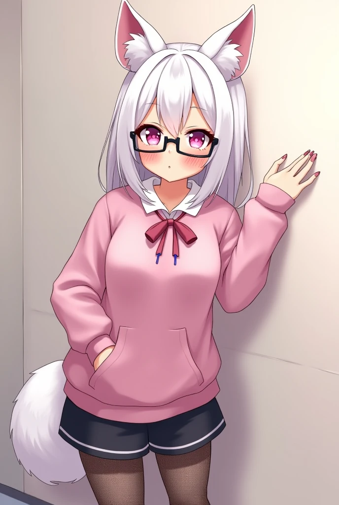 I have white hair white fox ears, a bow, My face is super blushing, black glasses, pink heart eyes, a big pink sweatshirt, painted nails a skirt down black shorts, black mesh stockings, White shoes, a fox tail a very shy girl i'm hitting you a wall grabbing her butt she's also pouting