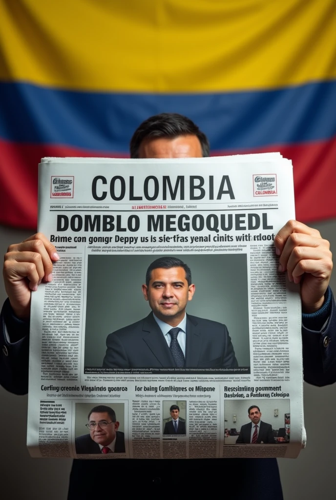 Create an image of a newspaper in Colombia where it talks about a politician with the Colombian flag and the civil war in Colombia