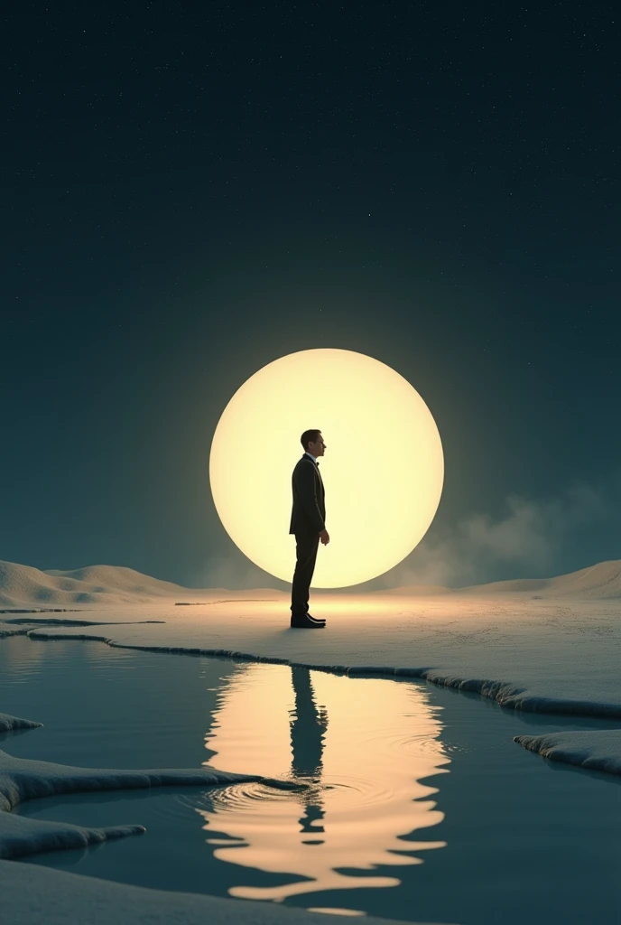 A realistic side view photo of a man in a business suit looking at the r sphere on top of a light gray floor with water all over the floor, and the sky is black with few stars and in front of it a giant optimistic light yellow sphere representing the opportunities that the world offers