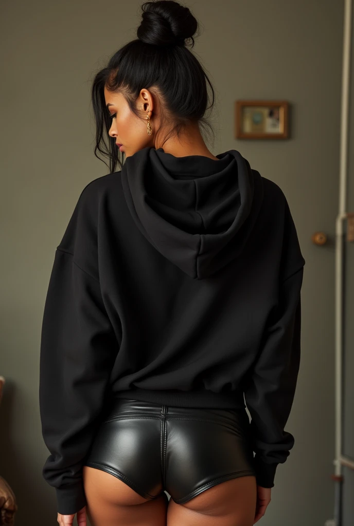 black woman hair in a bun black hoodie black leather short shorts being fucked in the ass by a old grandma in a dress