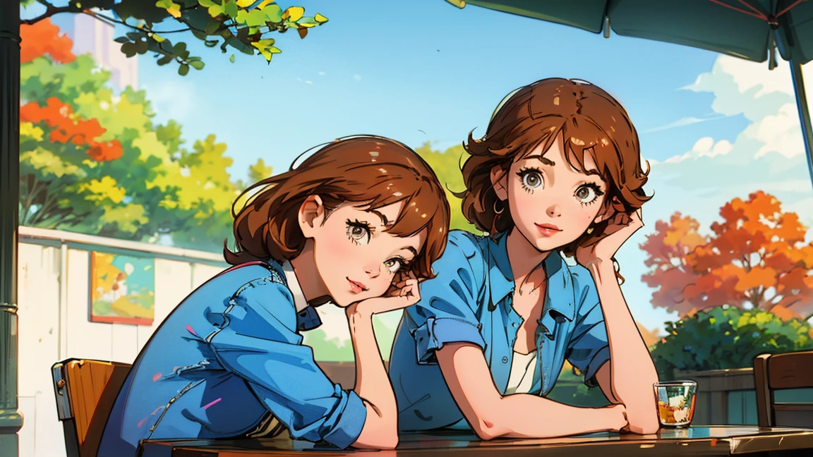 highest quality, masterpiece), 1 Girl, 1980s \(style\)Beautiful expression,Gentle smile,Smiling and looking at the viewer,\(style\)Upper Body,Horizontal position,pin up , \(style\)Brown Hair Color,\(style\), citypop, lofi,\(style\),1980s fashion,,casual,1980s fashion, citypop,retro,\(style\)autumn leaves,street tree,Cafe terrace seating,