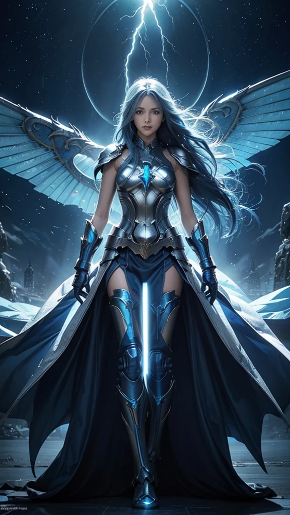 Long blue hair that glows blue with lightning、Blue Eyes、Wears blue armor with white and yellow lines。Riding on a flying dragon flapping its large wings、Flying in the sky、High resolution, Anatomically correct, Ultra high definition, Textured skin, 高quality, Very detailed, quality, High-resolution model, Winner of numerous awards, accurate,
