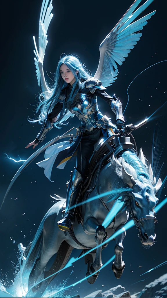 Long blue hair that glows blue with lightning、Blue Eyes、Wears blue armor with white and yellow lines。Riding on a flying dragon flapping its large wings、Flying in the sky、High resolution, Anatomically correct, Ultra high definition, Textured skin, 高quality, Very detailed, quality, High-resolution model, Winner of numerous awards, accurate,