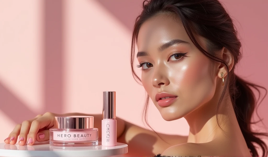 HERO BEAUTY MAKEUP BANNER WITH WOMAN MODEL put the name of the Hero Beauty store