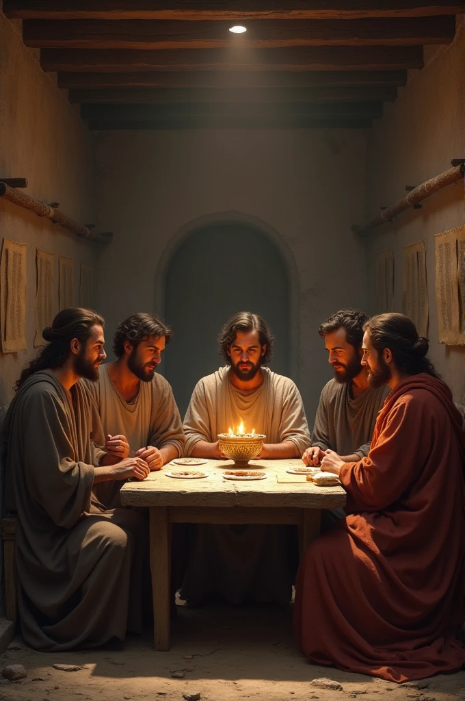 Representation of a modest house in the Roman Empire, where an early Christian community is gathered. People sitting around a table, participating in the Eucharist, with scrolls of scripture on the table. The scene should be intimate and peaceful, with soft lighting that suggests devotion and unity."