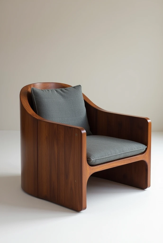 "Create an image of a luxury wooden armchair with a modern design, inspired by the works of Sérgio Rodrigues. The armchair must combine the designer's characteristic sophistication and elegance with contemporary elements.. Present elegant and innovative shapes, maintaining ergonomics and comfort, with a robust and stylized structure. Use high quality wood finishes, like rosewood or walnut, and incorporate premium fabric or leather upholstery, with possible details in modern patterns or colors. I wish it was more rustic"
