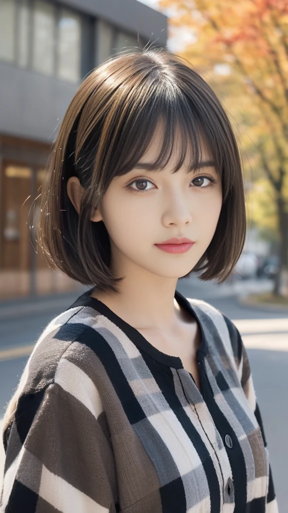 The theme is "Darkness and Light". The main colors will be deep browns and olive greens with black accents. The top is a loose-fitting brown checked shirt, and the bottoms are wide black pants with patches designed on the sides,(Highest quality, Very detailed, masterpiece:1.2), 1 women, Very thin body, length, Thin legs, ((Black short hair:1.2)), ((Thick and fluffy bangs)), Very detailedな顔,A faint smile, small, Thin Nose, small thin mouth, Extremely sharply focused eyes, Japanese, Beautiful Face, Realistic eyes, Beautiful and beautiful eyes, Realistic Skin, Beautiful Skin, charm, (A vivid face), Beautiful Hairstyles,The theme is "Autumn Darkness and Light". ,Creepy and unique hairstyles, High resolution, Vibrant color palettel, Amazing place