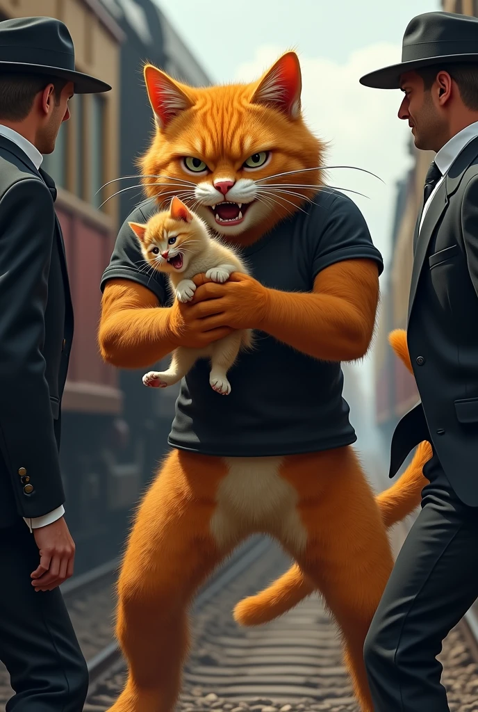 A muscular orange cat with human body in black t shirt with kitty in his hand in the train fighting with two train thieves in black suit and white shirt