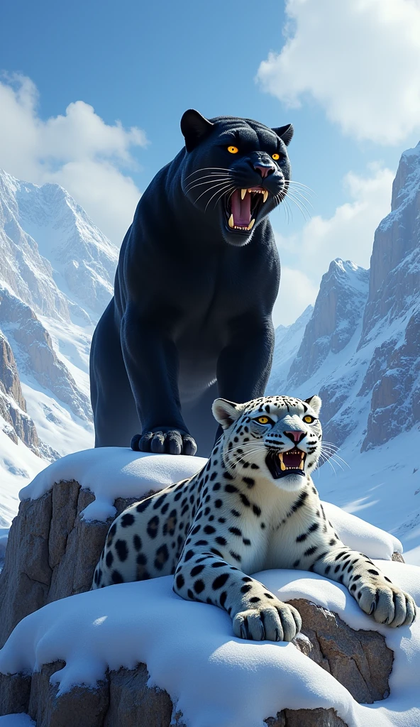 "Create an image of a powerful black panther standing dominantly on top of a fallen snow leopard. The black panther's eyes are glowing with intensity, and it roars fiercely while standing on a snowy rock in a rugged, snow-capped mountainous landscape under a bright blue sky with scattered clouds. The scene conveys strength, power, and wild beauty."