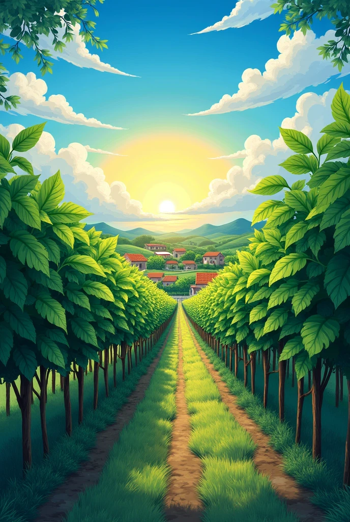 illustration of a village plantation with sweet potato plants. blue sky and sunrise
