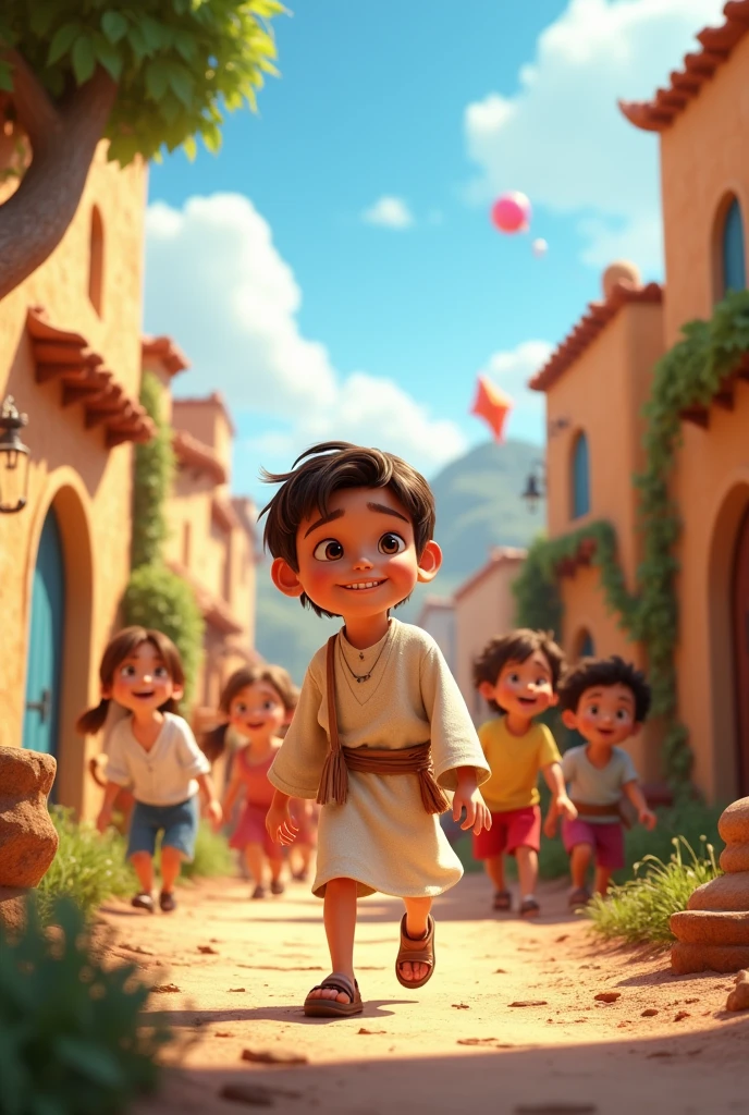 A 3D movie poster in Disney-Pixar style of Jesus as a boy playing with his friends