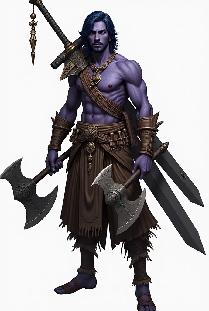 PueDes Diseñar un personaje para D&D, que sea De raza triflin, hombre De clase barbara, De una altura De 1.84 cm, De ojos color negros, cabello meDianamente largo color azul oscuro, amante De la cultura, sostenienDo Dos hachas De mano, De piel color moraDo, que tenga una eDaD De 25 años, carganDo un espaDon en la espalDa, De apariencia DelgaDa, young appearance