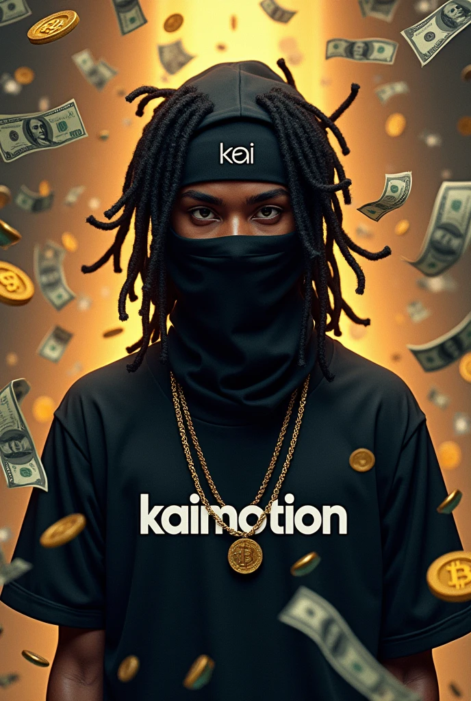 Black Teen character with a black ski mask with dreads and a shirt that’s says KaiMotion on it with money and bitcoin around him