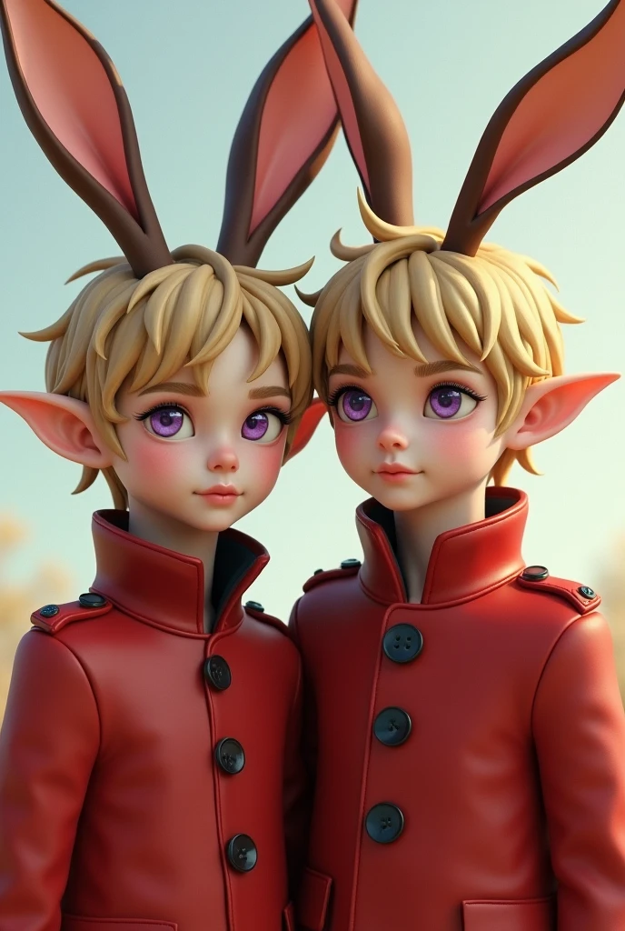Young 2 male Short blonde hair Soft purple eyes With long brown hare ears with pink inside Red jacket with black buttons