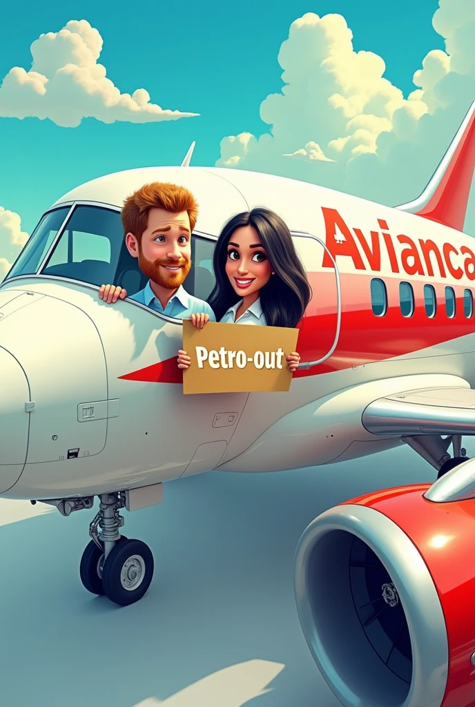 Cartoon of a white and red AVIANCA plane with Prince Harry and Meghan coming out of the windows with a sign that says “PETRO OUT”