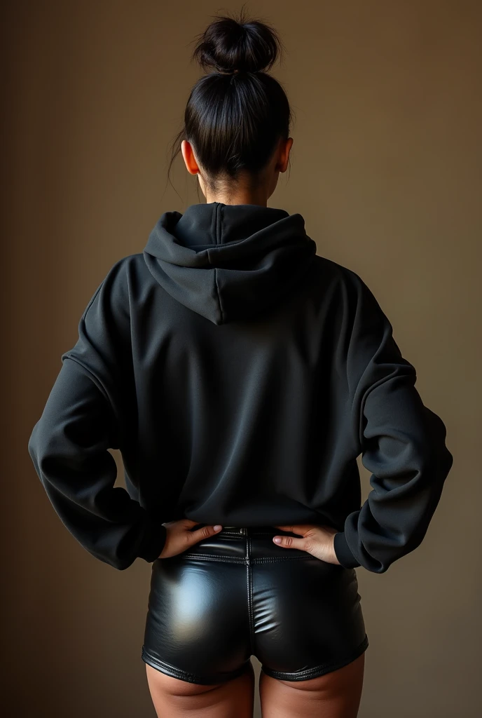 black woman hair in a bun black hoodie black leather short shorts being fucked in the ass by a old grandma in a dress
