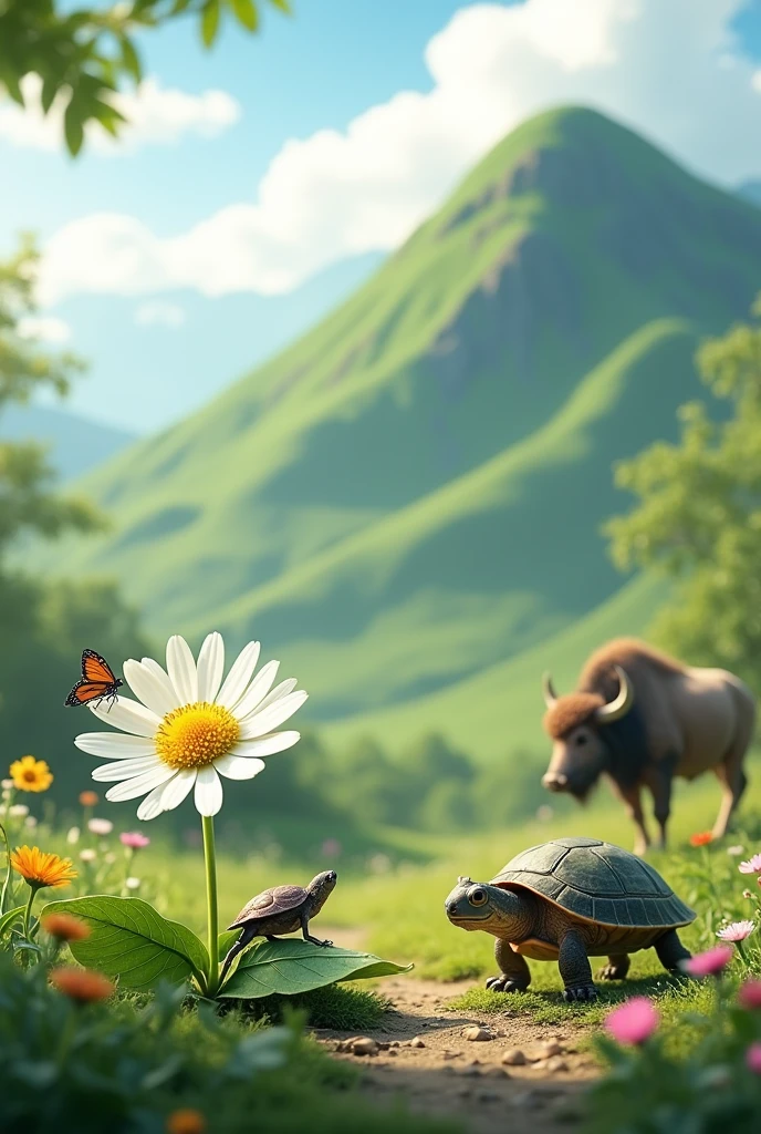 A daisy flower, with a cicada, next to a turtle, a buffalo and a wild boar. In the background a green mountain with small flowers and lots of grass 
