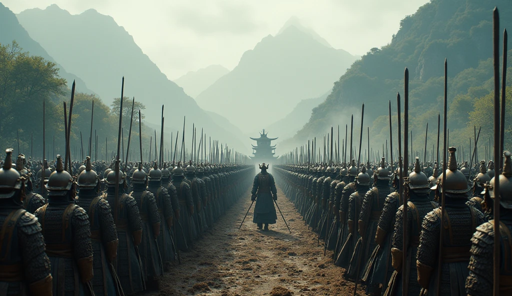 a massive army of Qin Shi Huang, the first emperor of China, detailed battle formation, soldiers in ancient Chinese armor, epic landscape with mountains and forests, cinematic lighting, muted color palette, dramatic shadows, highly detailed, photorealistic, 8k, best quality