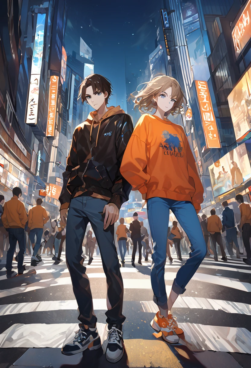 ((top quality, ultra detailed, High resolution, Extremely detailed CG, unity wallpaper 8k, by famous artist, perfect anatomy, super detailed skin, cinematic lighting, HD, retina, anatomically correct, 1080P, Size, wallpapers, anime-light novel style.)) Only 2 characters in the picture, a young boy and a young girl, 18 years, (A girl, long light brown hair with light blue eyes., Clean and tidy clothes, He is wearing a black leather jacket, female top, blue jogger, well formed body, toned body), (A young man, White skin, black messy hair, very dark hair, bright gray eyes, SERIOUS LOOK, expressionless face,. Clean and tidy clothes, He is wearing an orange sweatshirt, blue jeans, y sneakers, athletic body) They pose side by side, separdos, in the middle of shibuya crossing, Inspired by artist Shunsaku Tomose: ask, Art Style : ask