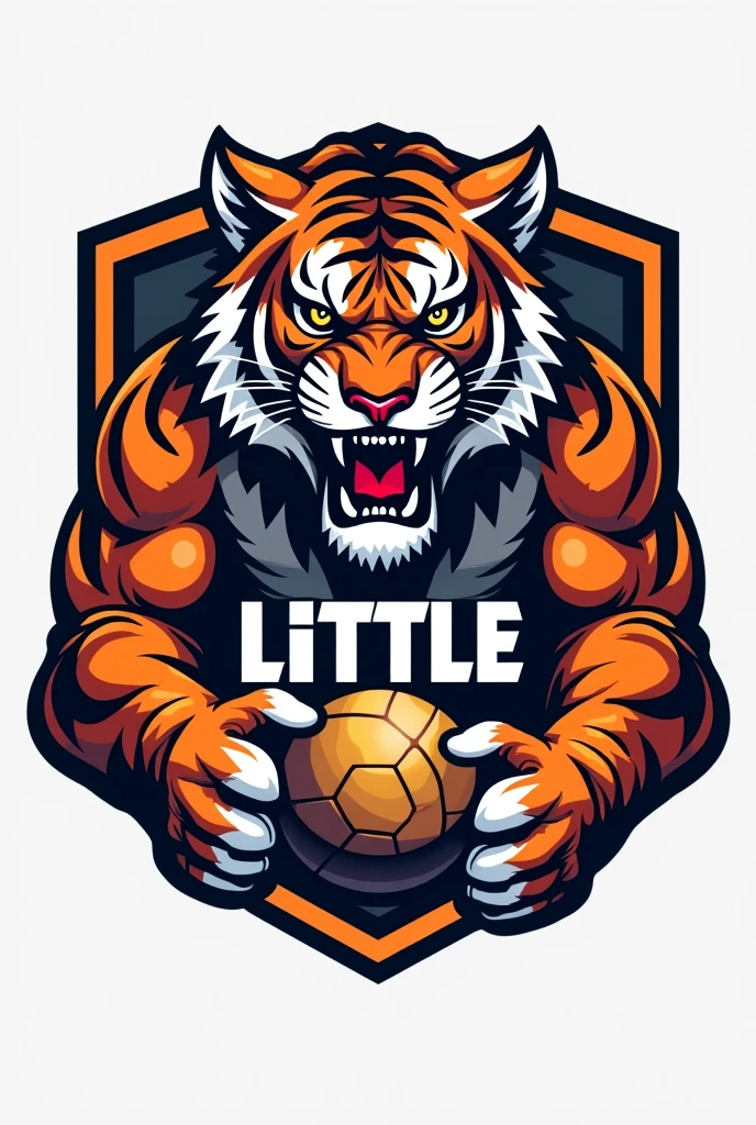 Com base no big tiger. Create a handball team shield, with the name "little tigers", where the tiger will represent the little tiger. The animal must have a handball in its hand, no people in the photo Tiger has to be angry MAKE IT MORE COMPETITIVE BUT I KNOW YOU CAN DO IT YOU FORGET TO PUT THE NAME