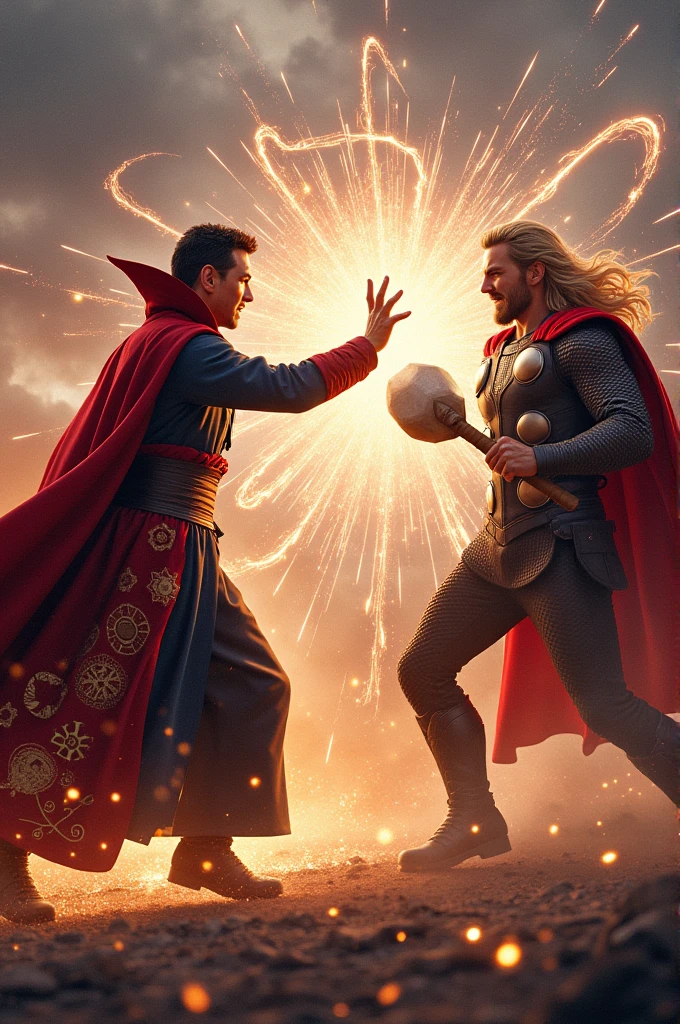 Docter strange is fighting to wanda and thor is throwing the hammer 