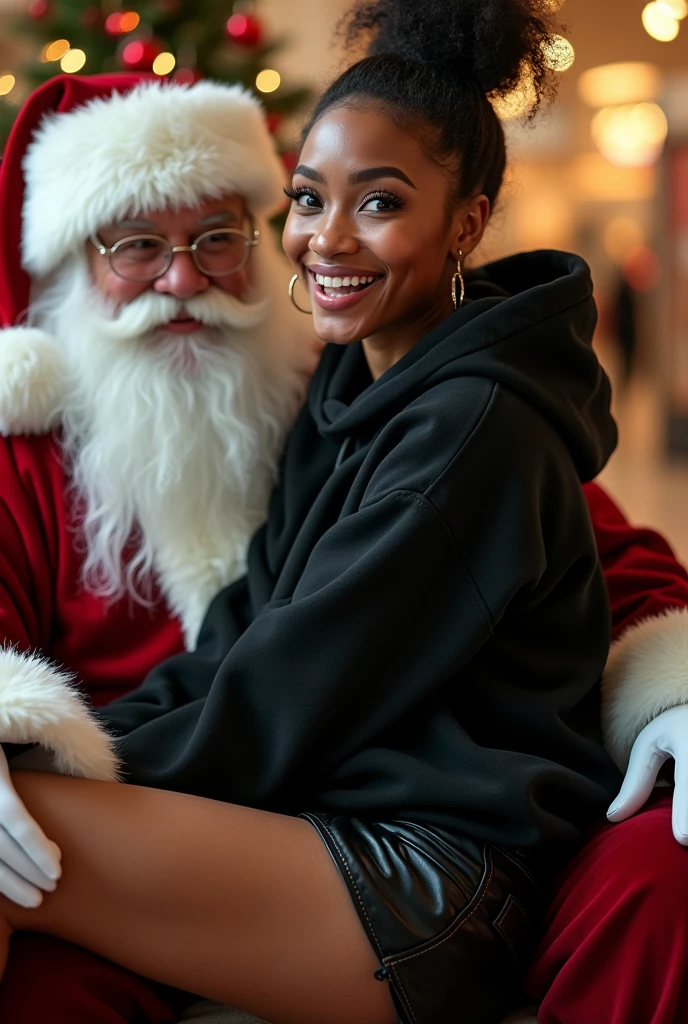 black woman hair in a bun black hoodie black leather short shorts excited look on her face with eyes really big and wide open setting on santa claus lap at the mall side shot 
