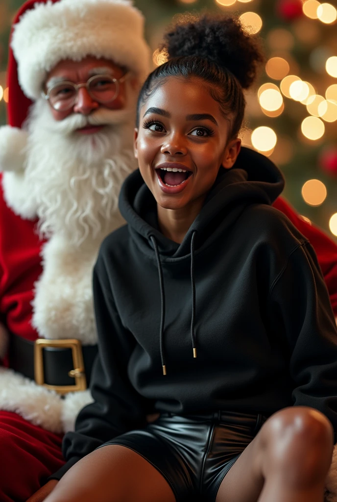 black woman hair in a bun black hoodie black leather short shorts excited look on her face with eyes really big and wide open setting on santa claus lap at the mall side shot 
