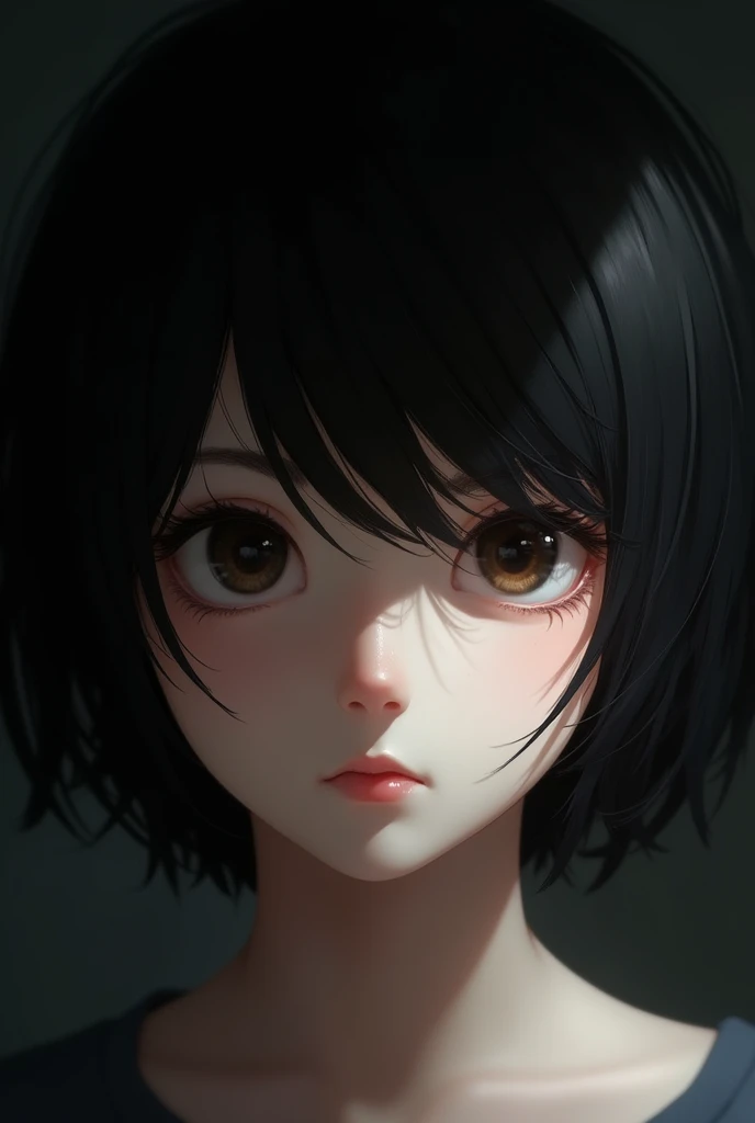 YOUNG , dark shaped eyes, short black hair