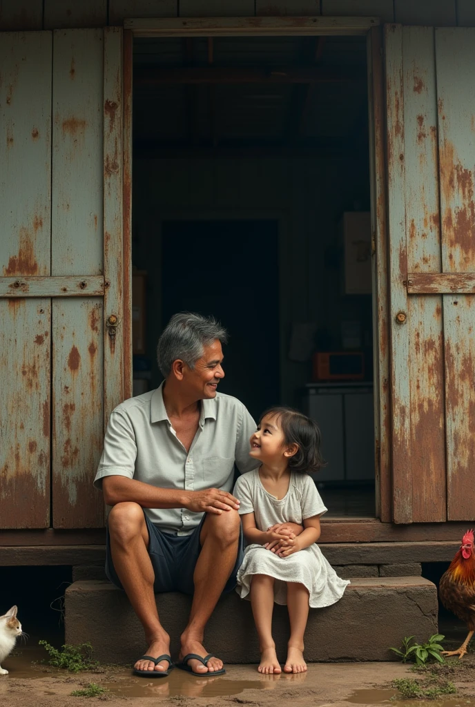 (Photorealism 1.2) high detailed definition cinematic cinematography Malay father 40 years old and 2 years daughter sit at stairsfront of the old wood rusty house looking outside smile towards eachother morning mode malay Kampong background cats and chicken rooster wet floor