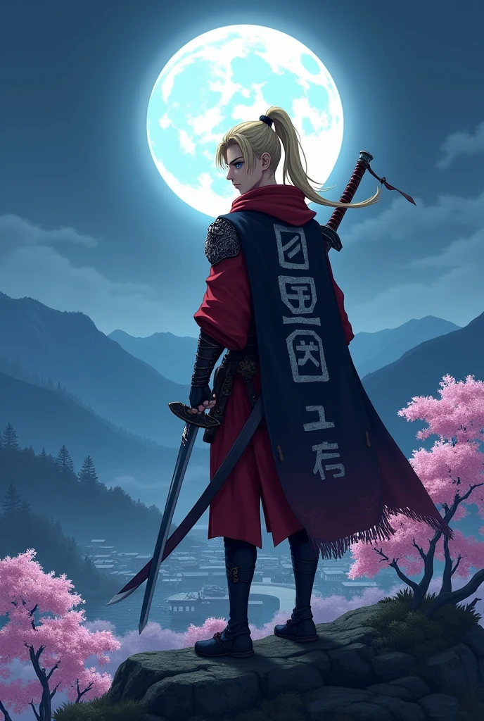 A guy named Tsy, 170 cm tall, with blond hair and blue eyes, hair tied into a ponytail with a piece of leather similar to a hair tie, tail length to shoulders, he has scarlet armor with a cape, On the black cape are Japanese runes denoting peace, The color of the runes is white. Tsi has two blades, one is two-handed on his back, the other is a regular katana., holds a scarlet helmet in his hands, [top quality] [1:1] environment night full moon Tsi stands on the mountain, under the mountain there is an ancient Japanese settlement in the center of the settlement cherry blossoms have blossomed, [top quality] [1:1] Phone wallpaper 