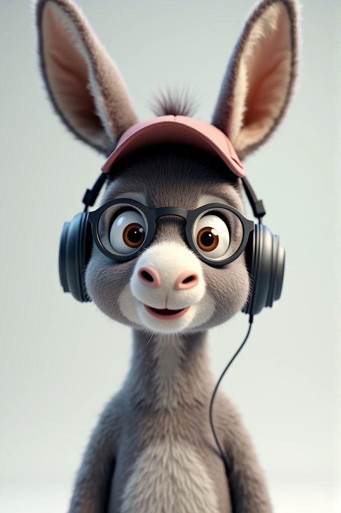 Donkey with headphones, glasses and a cap