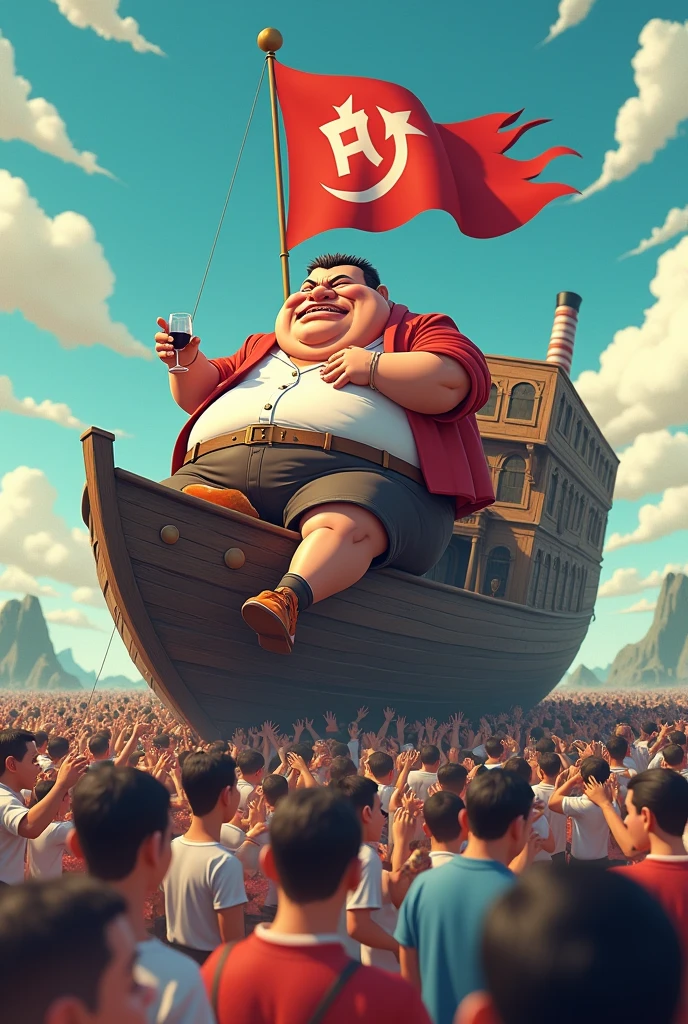 3d anime, a lot of people a hundred people, carrying a ship on his back, that has a fat politician on top, paunchy, with a crazy face, called Rita, eating a chicken leg with a huge red PCdoB flag and drinking a glass of wine.