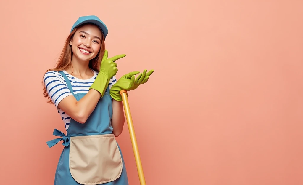 Create an image of a young woman standing against a plain peach-colored background. She is wearing a blue and white striped shirt with an apron, which has been changed to a blue color. She has a bright, cheerful smile, and her facial features have been altered to a different appearance from the original image. The woman is holding a yellow mop and wearing green cleaning gloves (previously pink). She is pointing at the mop with one hand, maintaining a happy and confident expression.