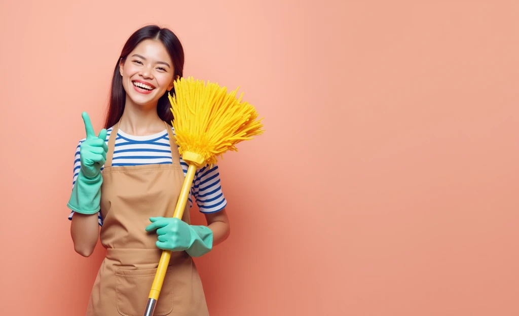 Create an image of a young woman standing against a plain peach-colored background. She is wearing a blue and white striped shirt with an apron, which has been changed to a blue color. She has a bright, cheerful smile, and her facial features have been altered to a different appearance from the original image. The woman is holding a yellow mop and wearing green cleaning gloves (previously pink). She is pointing at the mop with one hand, maintaining a happy and confident expression.