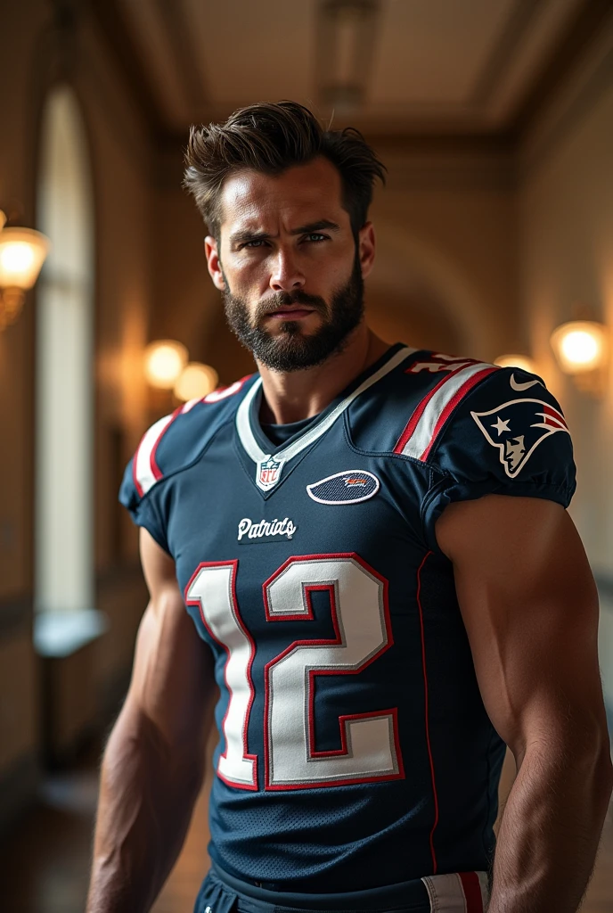 Profile picture of a young Logan Wolverine, IN A ROPINEDO MUSEUM  , in a New England Patriots jersey suit #12