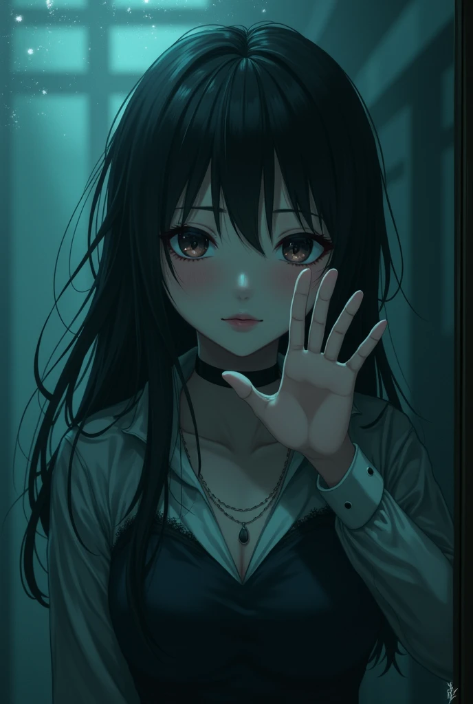 (best quality, masterpiece, ultra detailed), (anime:1.5)、woman is the main character、mysterious、Suspenseful Tone、Dark tones and shadows、A little creepy atmosphere、Surrealism、Dark fantasy、
The protagonist through the glass keeps tapping on the glass