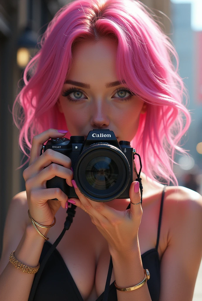 A girl with a pretty face and sexy pink hair taking photos