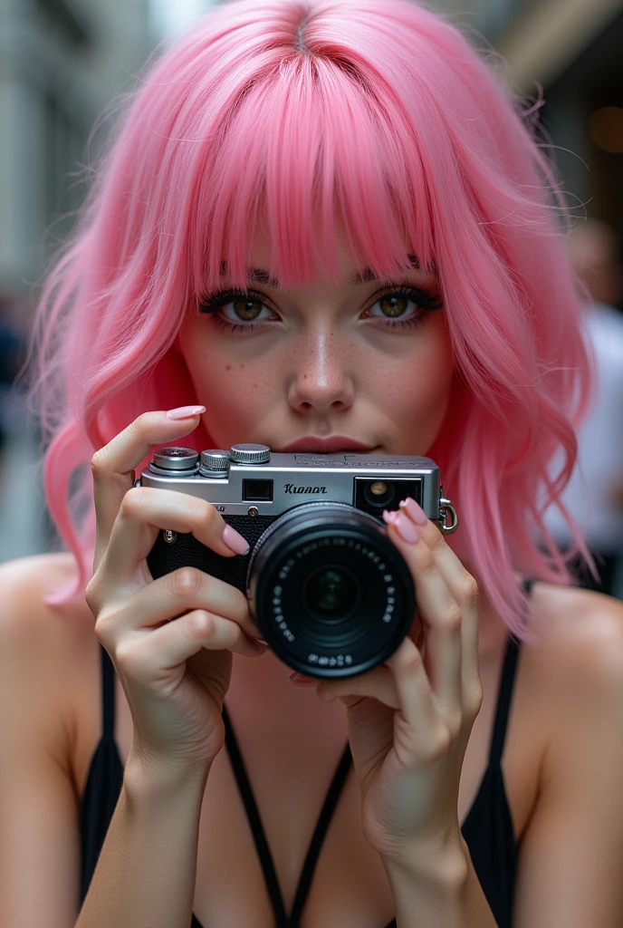 A girl with a pretty face and sexy pink hair taking photos