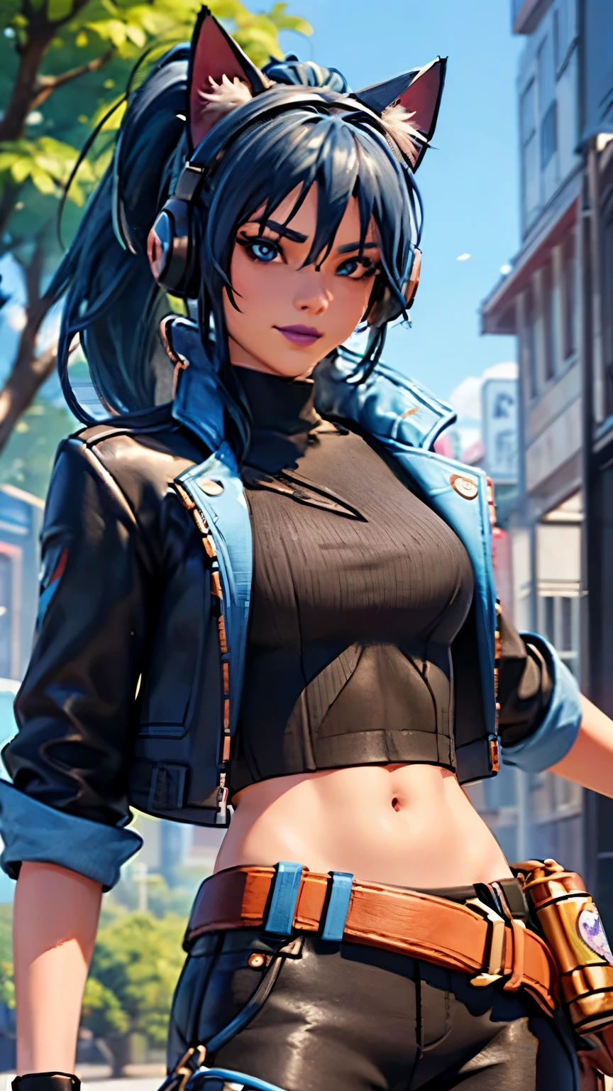 Forest background, 1girl, solo, HeroicHopeFN, Heroic Hope from fortnite, (crop top, black top, open clothes), (jacket crop top, black jacket, blue loose, jacket loose), fingerless gloves, black pants, blue belt, blue hair, ponytail, blue eyes, headphones, cat ears headphones, holster, holster spray cans, purple lips, lipsticks, smirk