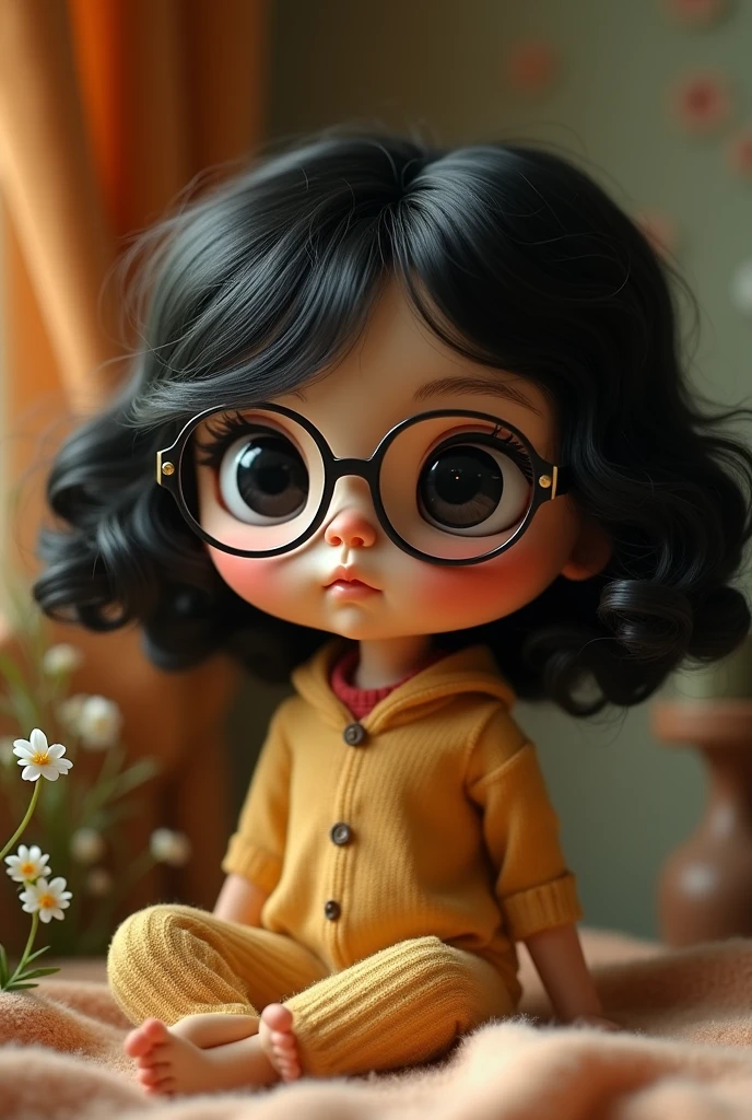 You have a bytle doll, semi wavy black hair, not very white skin, black eyes, and not thick lenses