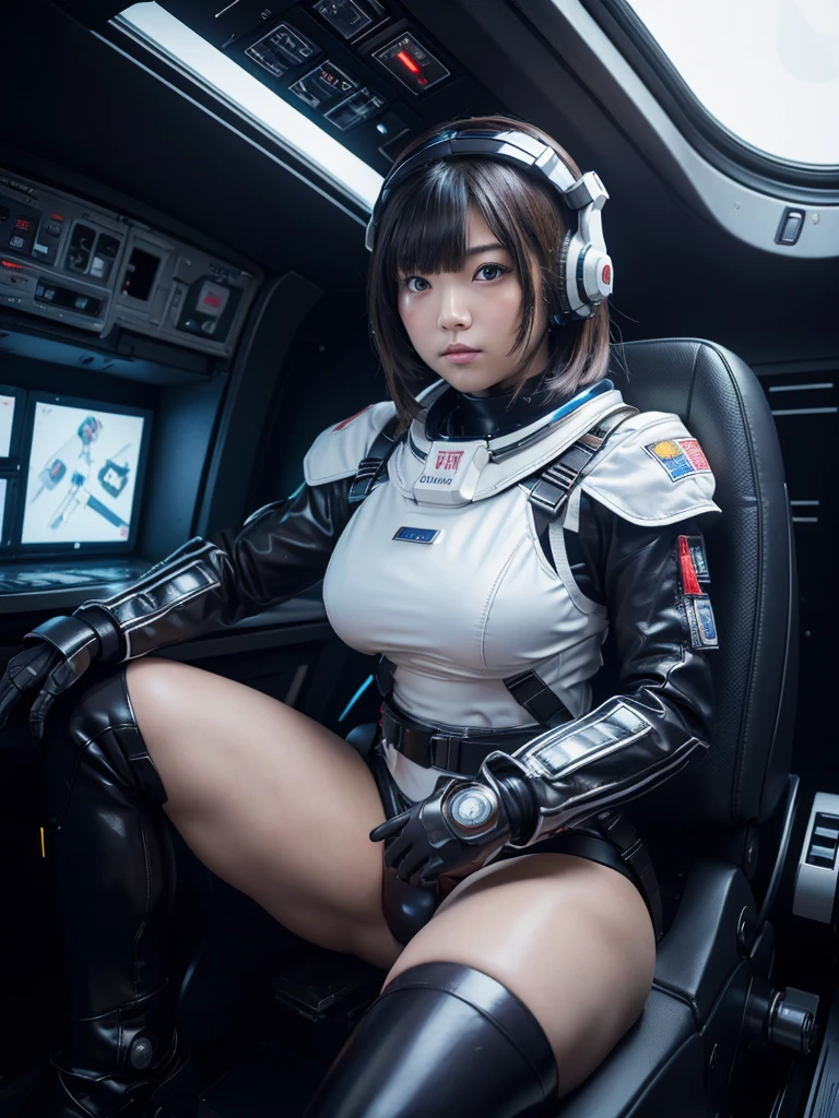 masterpiece, Highest quality, Very detailed, Japanese Android girl, Beautiful 2 Japanese woman, Plump,Control panel,Android,cyborg,Blunt bangs,Sitting in the cockpit of a spaceship and piloting it,The control stick is in the center of the seat.,astronaut,Red bodysuit,Thick harness belt,Full-face helmet,