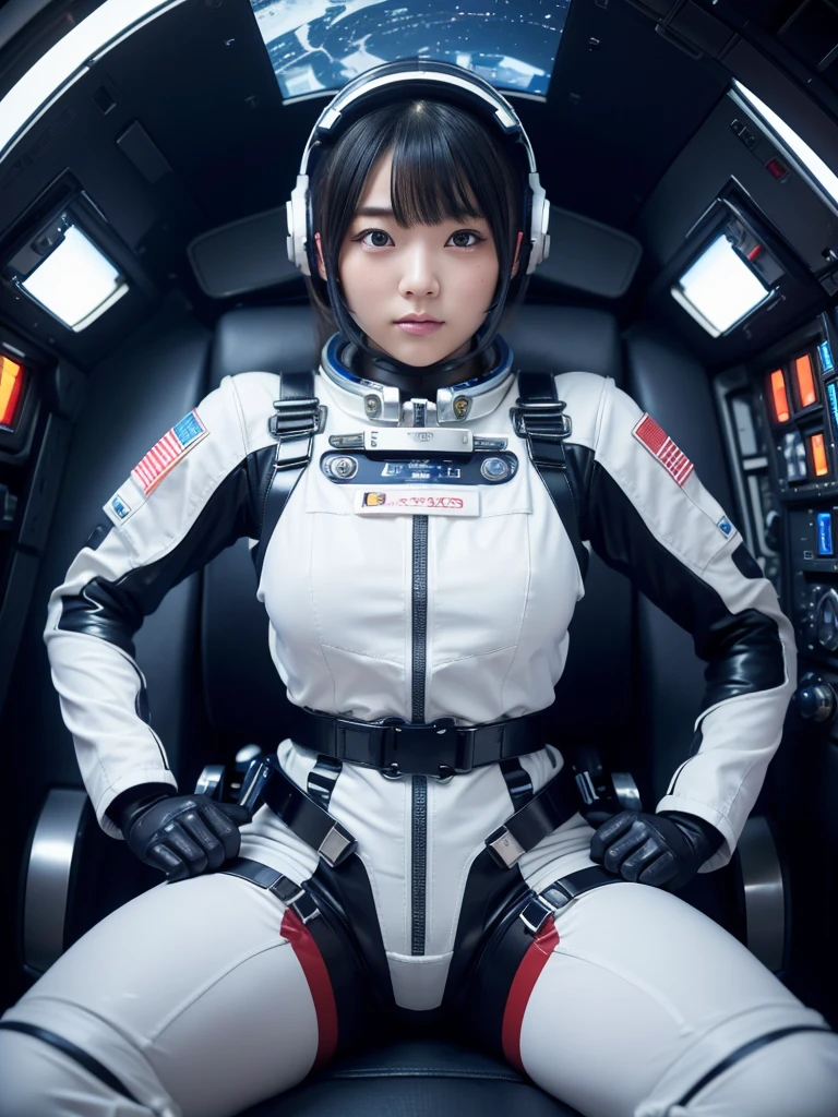 masterpiece, Highest quality, Very detailed, Japanese Android girl, Beautiful 2 Japanese woman, Plump,Control panel,Android,cyborg,Blunt bangs,Sitting in the cockpit of a spaceship and piloting it,The control stick is in the center of the seat.,astronaut,Red bodysuit,Thick harness belt,Full-face helmet,