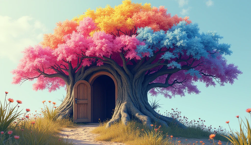 Colorful Tree: A tree with pink, blue, and yellow leaves, next to a door.