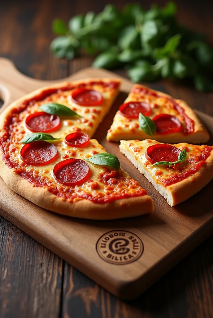 "Create an image of a square cutting board, larger than the pizza, featuring the logo of 'Brisas do Norte' engraved or embossed in one of the corners. The cutting board should have a natural wooden texture. On top of the board, place a realistic Italian-style pizza with pepperoni, already cut into slices. The pizza should have melted cheese and a slightly raised slice, emphasizing the realism. The logo should be visible on the cutting board, complementing the overall presentation with a premium touch."