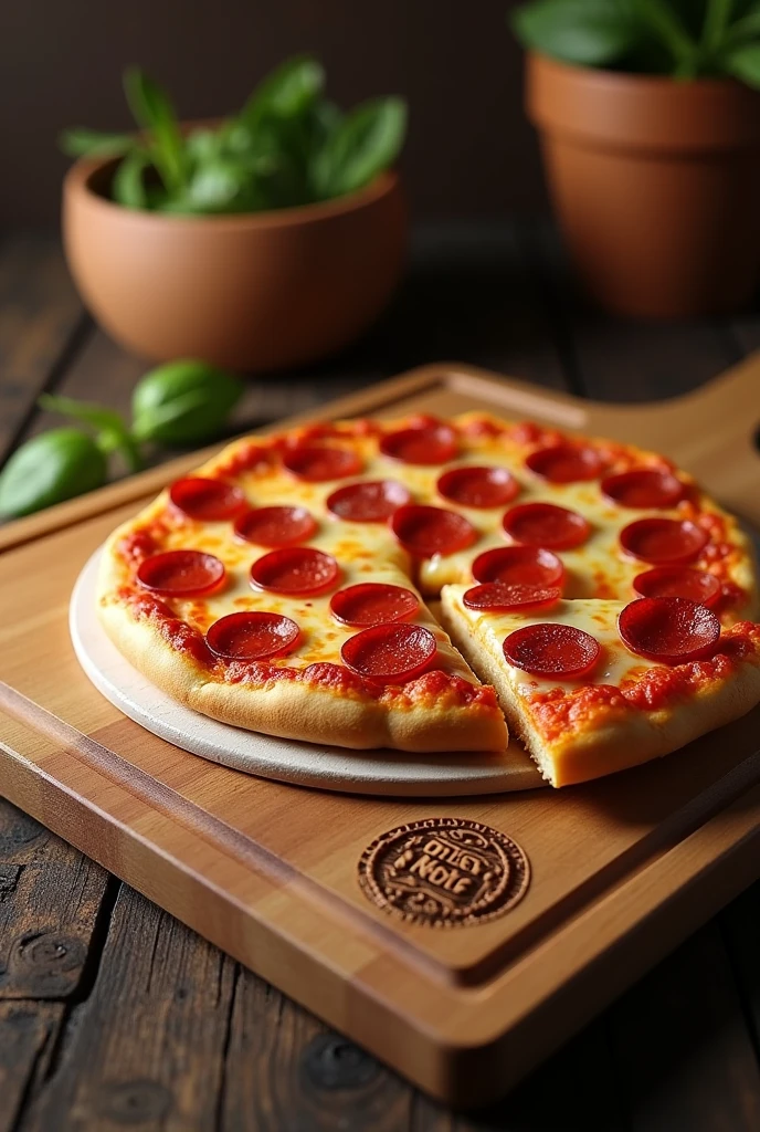 "Create an image of a square cutting board, larger than the pizza, featuring the logo of 'Brisas do Norte' engraved or embossed in one of the corners. The cutting board should have a natural wooden texture. On top of the board, place a realistic Italian-style pizza with pepperoni, already cut into slices. The pizza should have melted cheese and a slightly raised slice, emphasizing the realism. The logo should be visible on the cutting board, complementing the overall presentation with a premium touch."