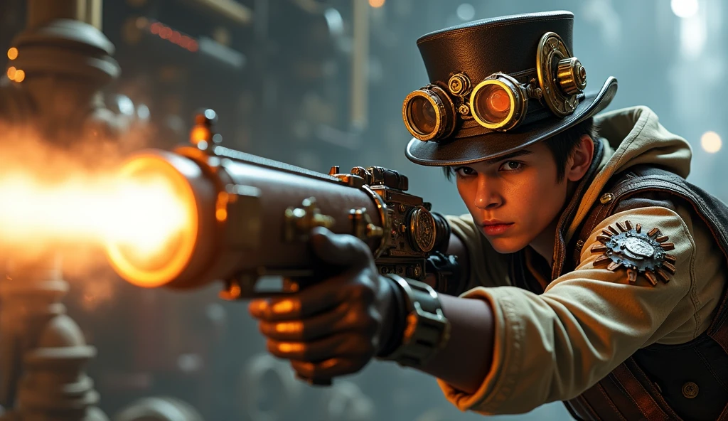 A young man, with a steampunk hat on his head, wearing a steampunk outfit, firing frantically with a large laser gun in his hands