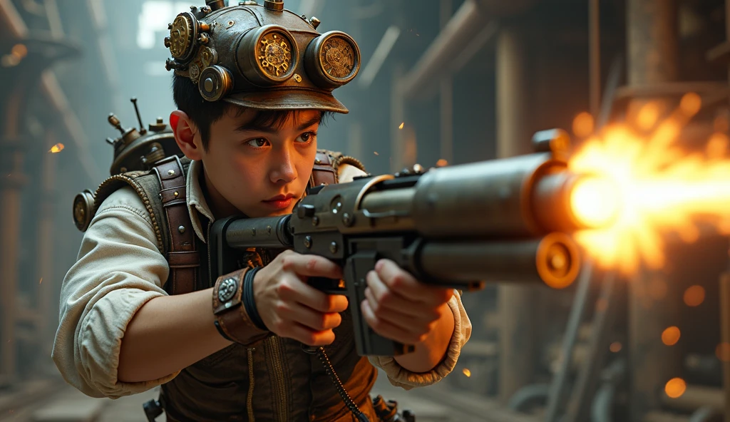 A young man, with a steampunk hat on his head, wearing a steampunk outfit, firing frantically with a large laser gun in his hands