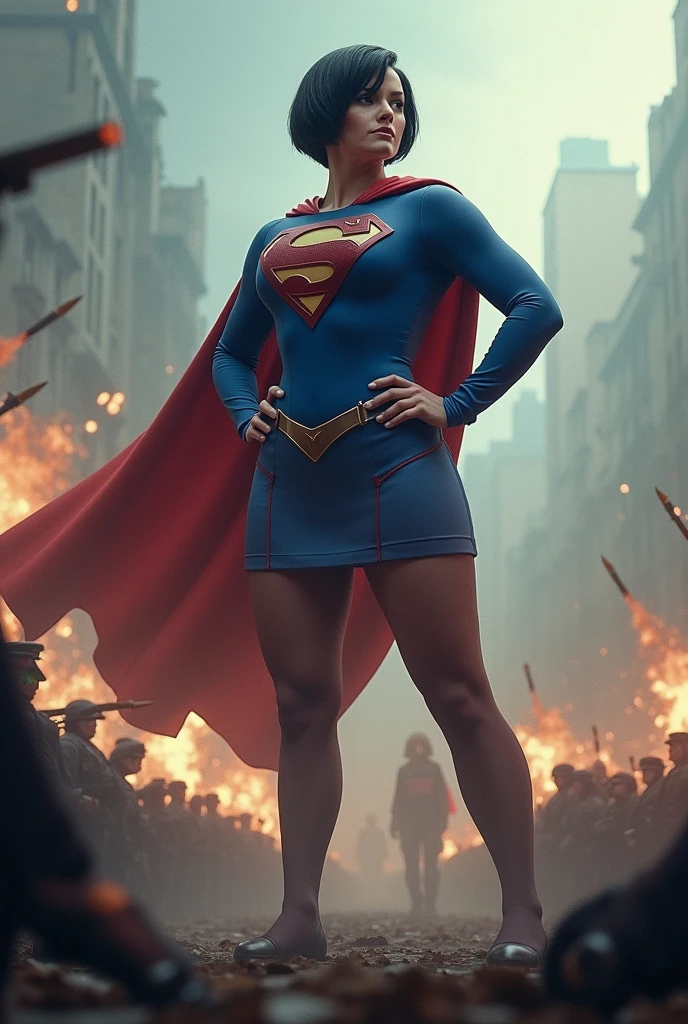 Beauty Dark short haircut blue supergirl bragas stockings big big butts giantess capa arms on hips muchos soldados le disparan muchas balas rebotando en su cuerpo invulnerable
