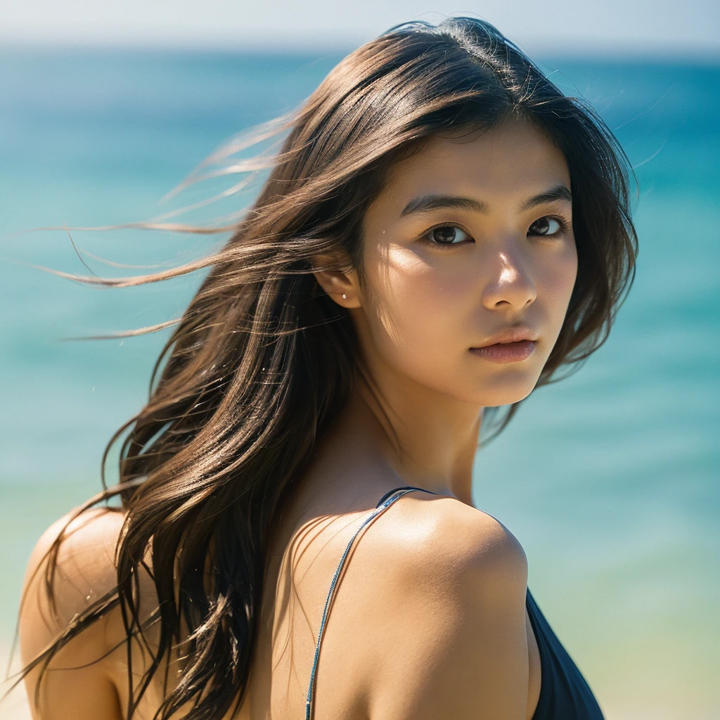 A hyper-realistic image of a single Japanese woman in her early 20s, captured with the nostalgic warmth and subtle graininess of a film camera, showing her from the shoulders up as she stands on a sunlit beach. Her skin has a warm beige tone with a natural, slightly rough texture that includes visible pores, fine lines, and subtle imperfections such as small blemishes and slight unevenness, enhancing the authenticity of her appearance. The texture is intentionally made less smooth, with the natural graininess of the film adding to the overall realism. The soft, diffused natural light gently illuminates her face and shoulders, creating a timeless, organic feel with subtle shadows that enhance the film-like quality. Her straight, glossy black hair flows naturally in the ocean breeze, framing her face, and her deep brown eyes reflect the soft sunlight and the shimmering sea. The film camera effect introduces a slight grain and a softer focus, giving the image a warm, nostalgic atmosphere while maintaining the deliberately rougher texture of her skin. The composition, focused on her upper body, captures the serene elegance of the beach setting, highlighting her natural beauty and the gentle interaction of light and shadow on her skin. The combination of realistic, slightly rough skin texture, soft natural light, and the film-like qualities ensures that this image presents a lifelike, captivating portrayal of the woman, centered on her face and shoulders.