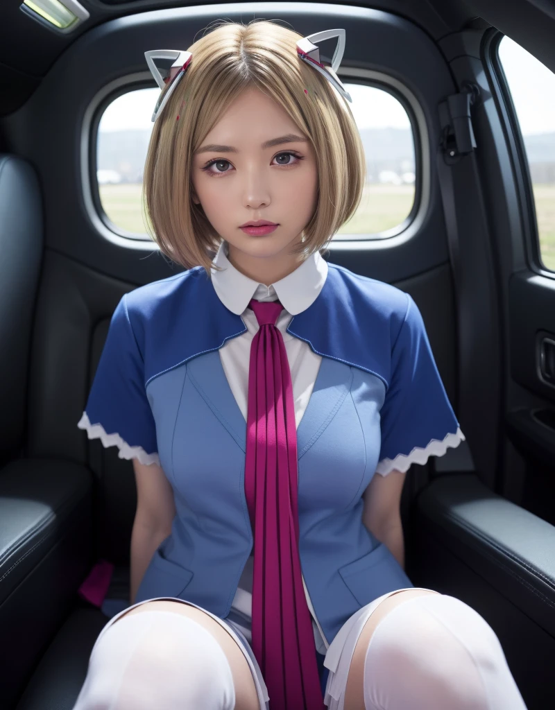 masterpiece、Highest quality、anime、Highly detailed face、Highly detailed eyes、Highly detailed background、Perfect lighting、Cowboy Shots、One woman、solo、Aki Rosenthal、Collared dress、Short Dresses、Short sleeve、Blue jacket、Black knee socks、Detach Hair、Long Hair、Low Twin Tails、Bob cut、tie、headgear、White gloves、Elbow rest gloves、Wide Hips、confusion、sitting、Inside the spaceship